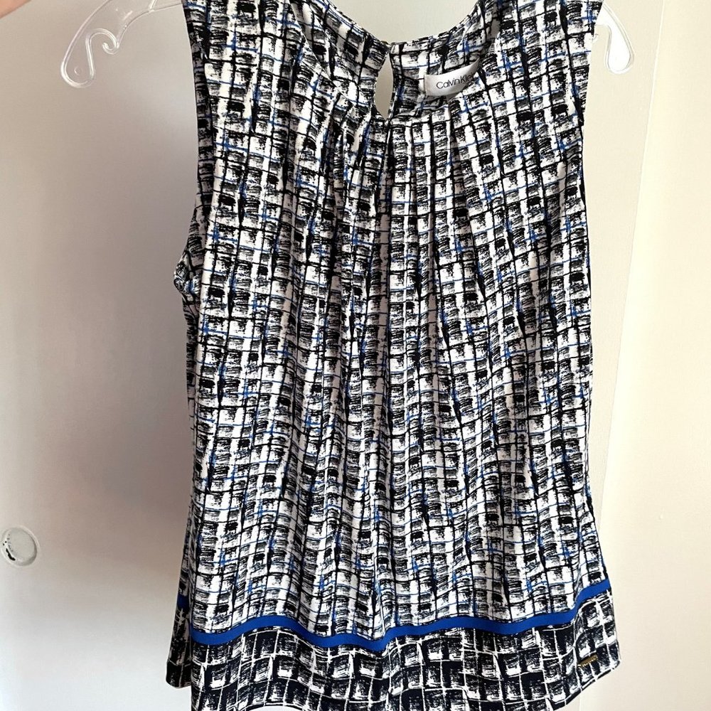 Calvin Klein Sleeveless Stretch Knit Black White Blue Shell Tank Top Blouse  LP